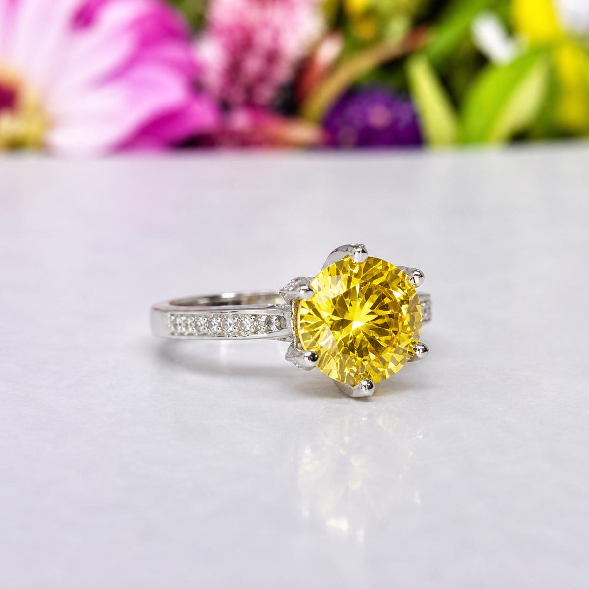Round Cut 3 Carat Yellow Sapphire Silver Prong Setting Ring