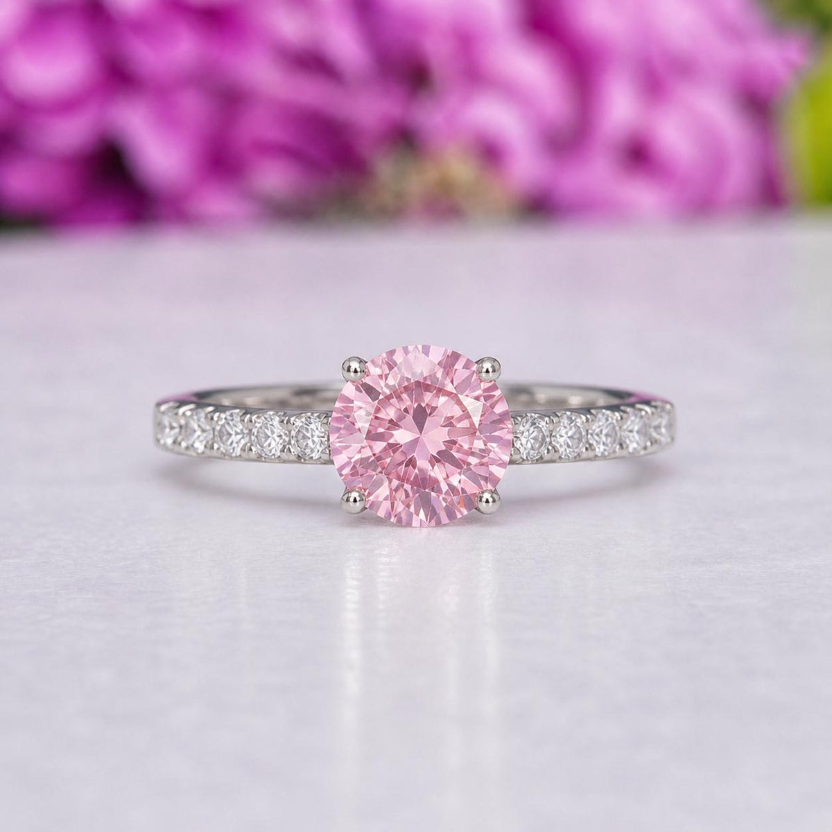 Round Cut 2 Ct Champagne Pink Moissanite Diamond Bridal Engagement Ring 925 Sterling Silver