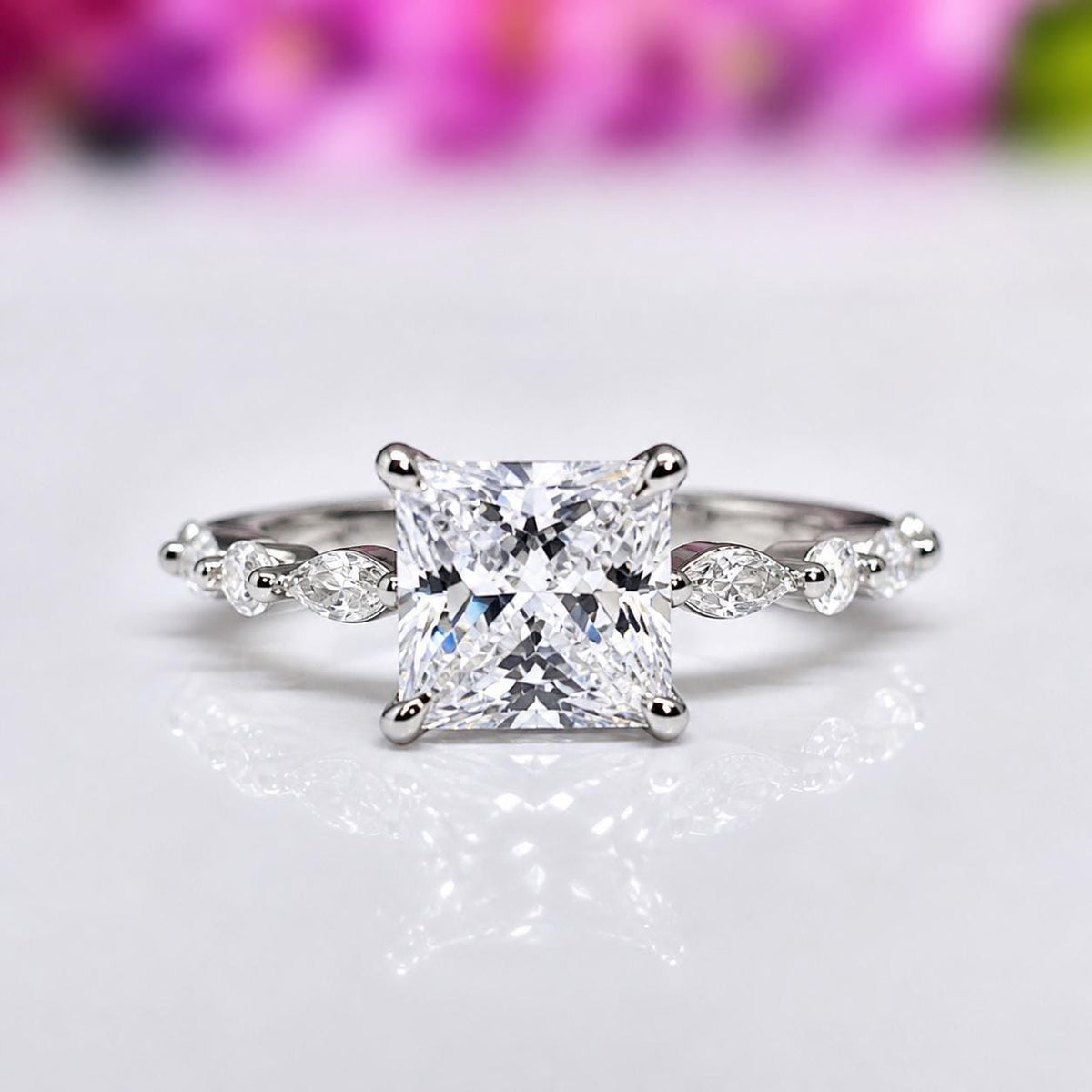 Princess Cut 2 Carat Moissanite Diamond Ring Marquise Style Engagement Wedding Band
