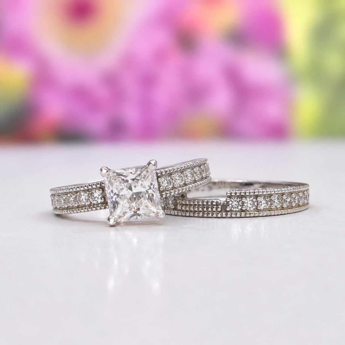 Victorian Princess Cut 1 CT Moissanite Engagement Ring Set - Sterling Silver