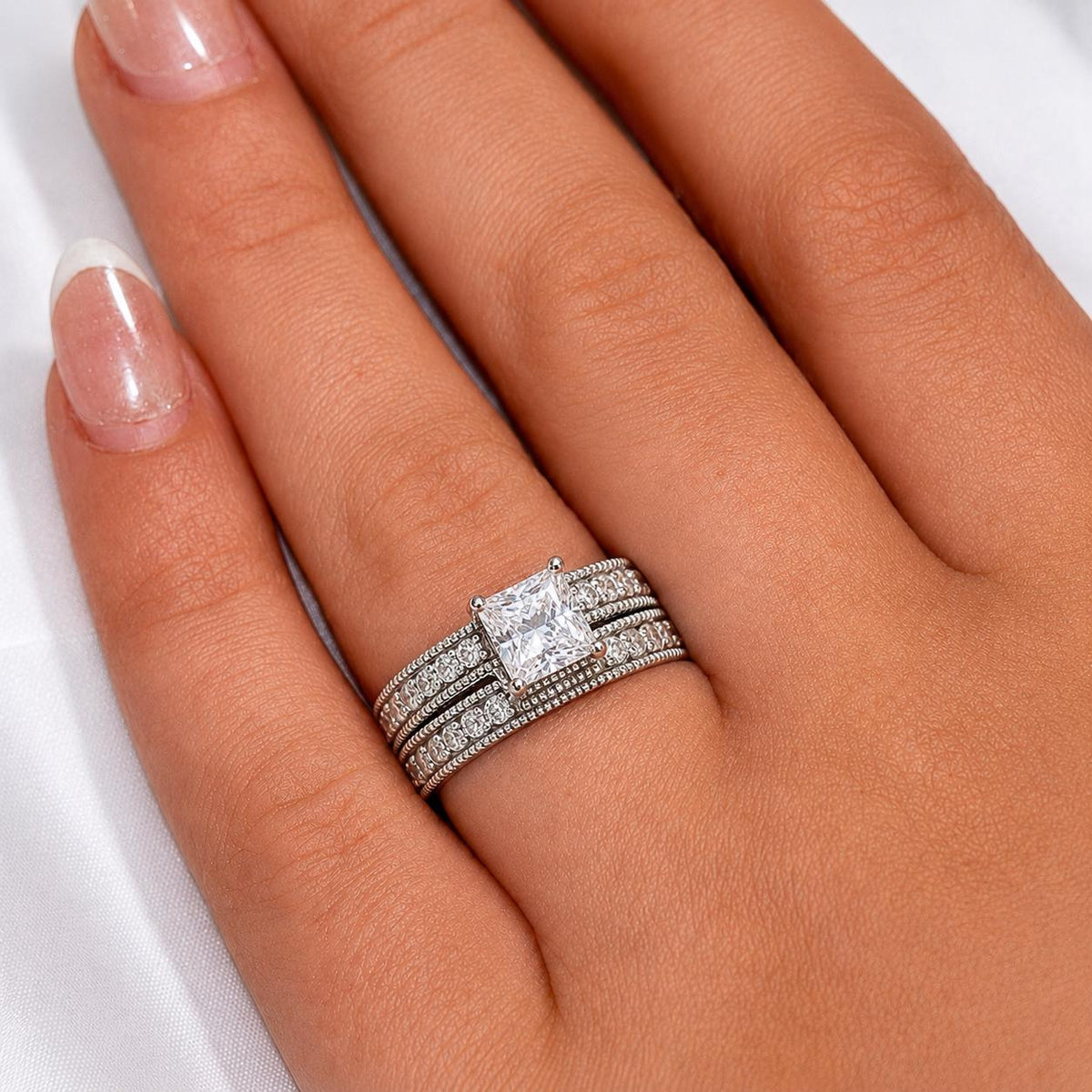 Victorian Princess Cut 1 CT Moissanite Engagement Ring Set - Sterling Silver