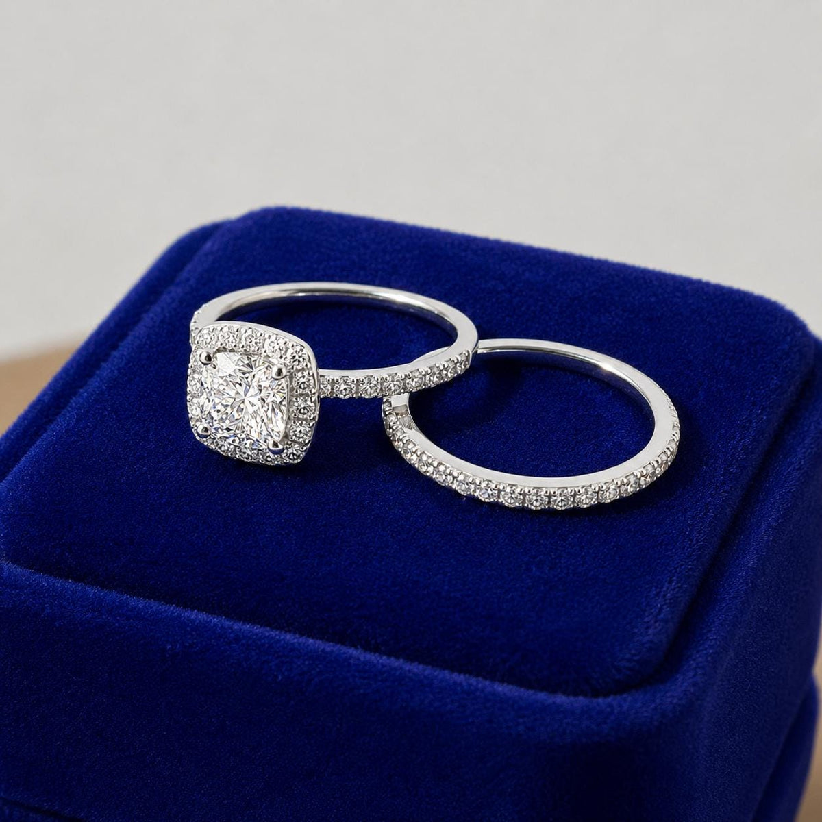Round Cut 1.25 Carat Moissanite Silver Bridal Halo Ring Set