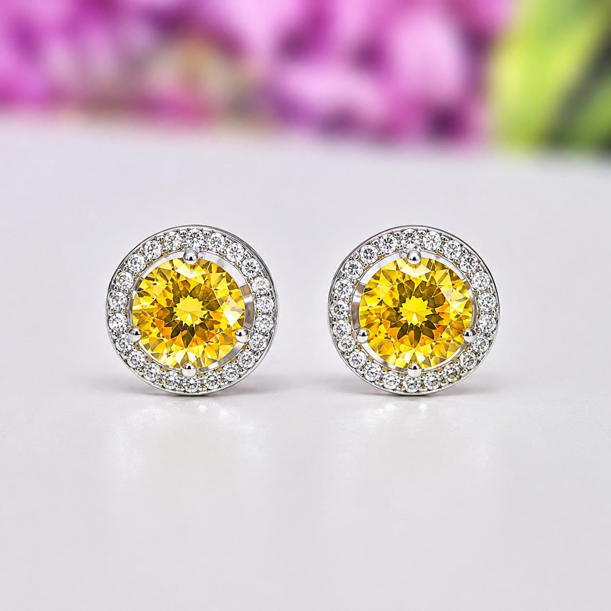 Yellow Sapphire Halo Stud Earrings: Removable Halo, 925 Sterling Silver