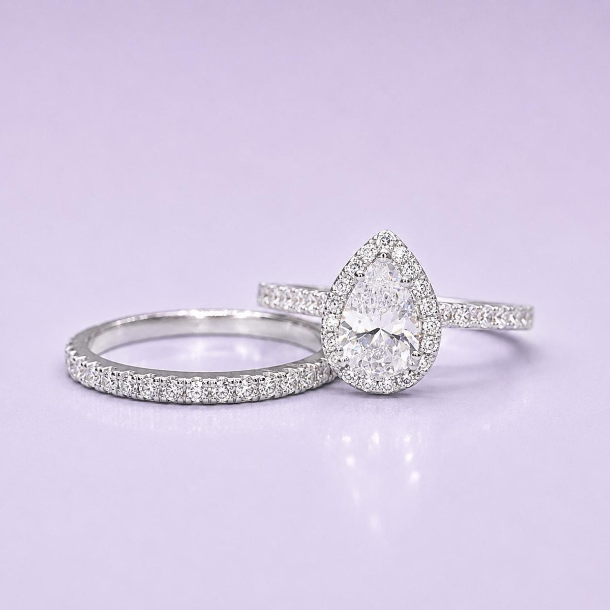 Pear Cut Engagement Ring Set Moissanite 1.5 Carat : 925 Sterling Silver