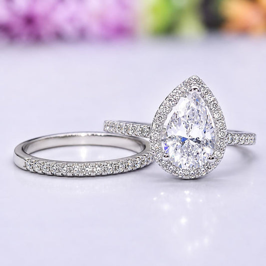 Pear Engagement Ring Set 1.5 Carat : Sterling Silver