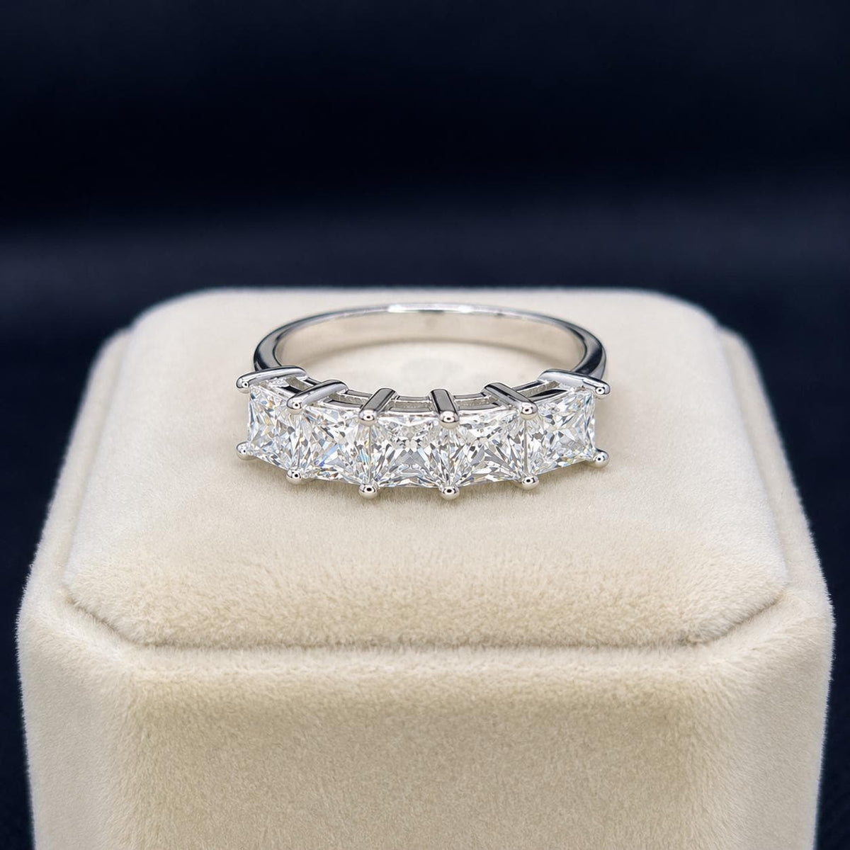 Princess Cut Moissanite Wedding Band: Sterling Silver Five Stone Ring