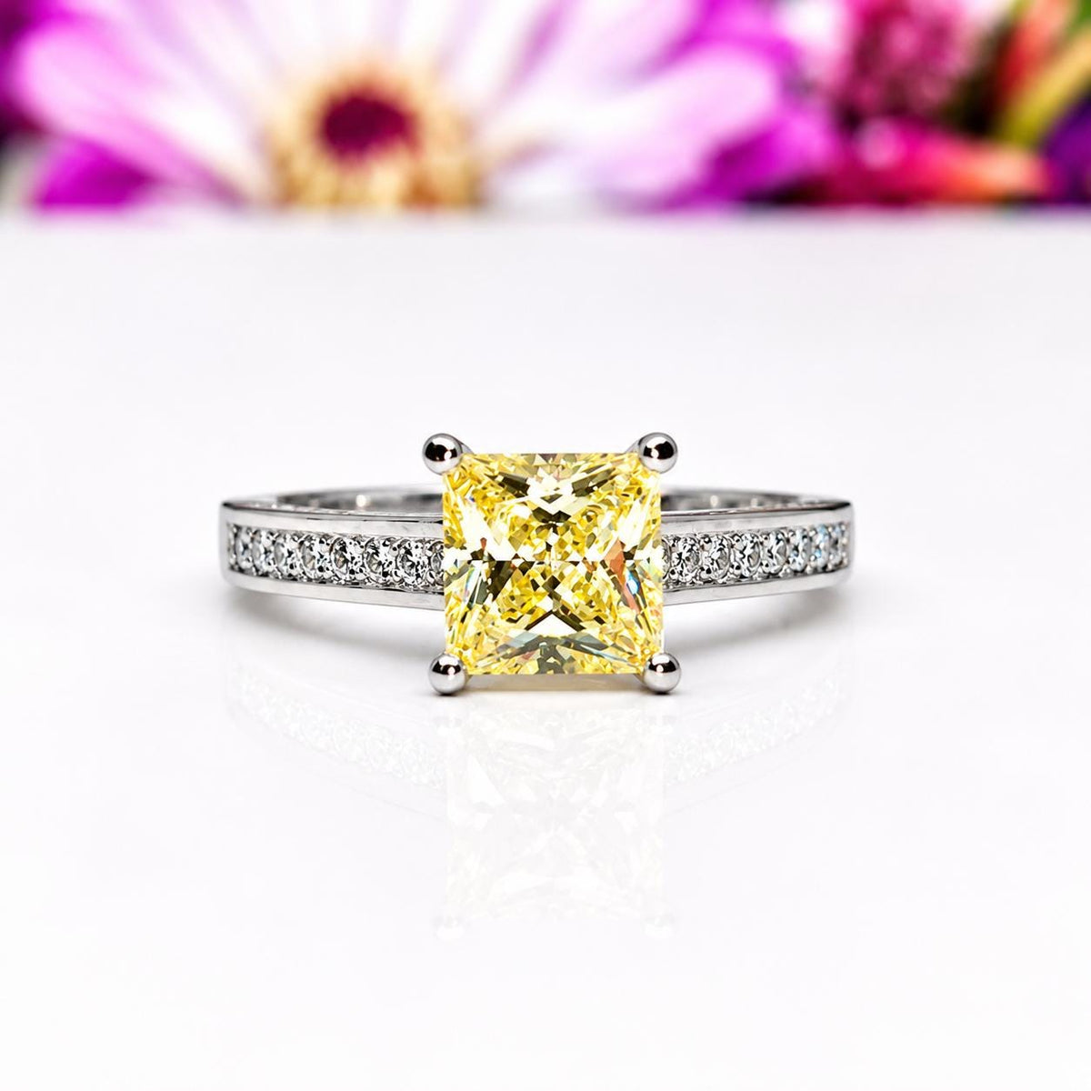 1.5 Carat Princess Cut Yellow Sapphire Ring: Sterling Silver Promise Ring