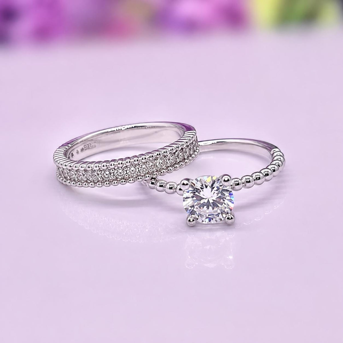 Round Cut Twist 1 Ct Moissanite Engagement Ring Set: 925 Sterling Silver