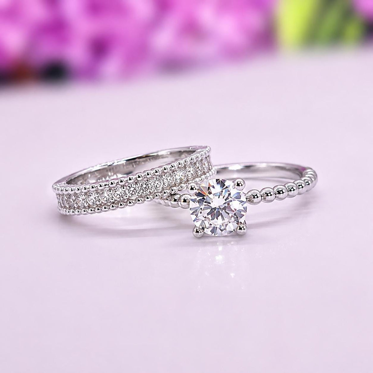 Round Cut Twist 1 Ct Moissanite Engagement Ring Set: 925 Sterling Silver