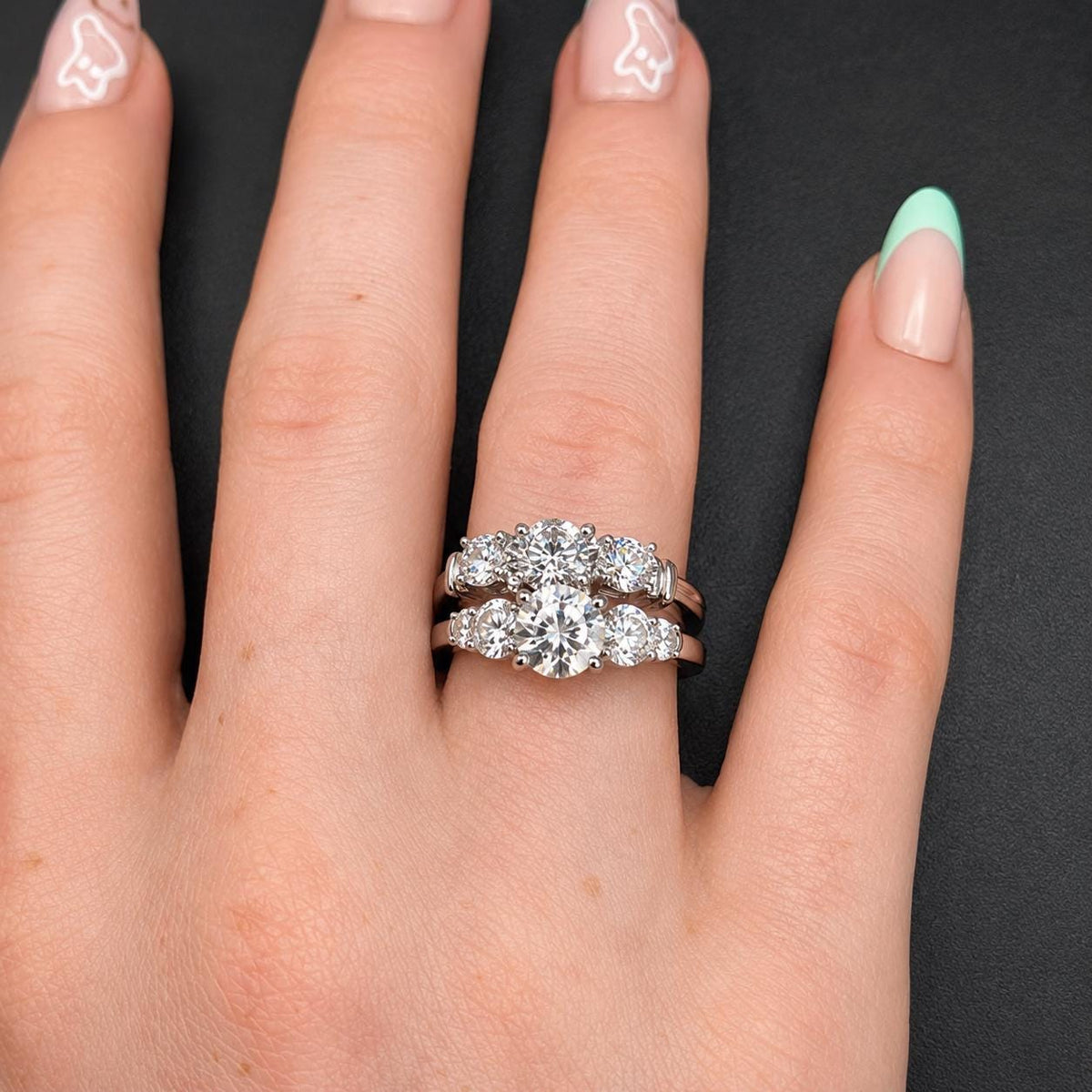 Art Deco Moissanite Engagement Ring Set: 1.25 Carat Sterling Silver Bridal Ring