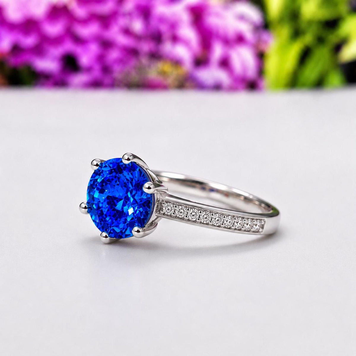 Round Cut 3 Carat Blue Sapphire Engagement Ring : 925 Sterling Silver