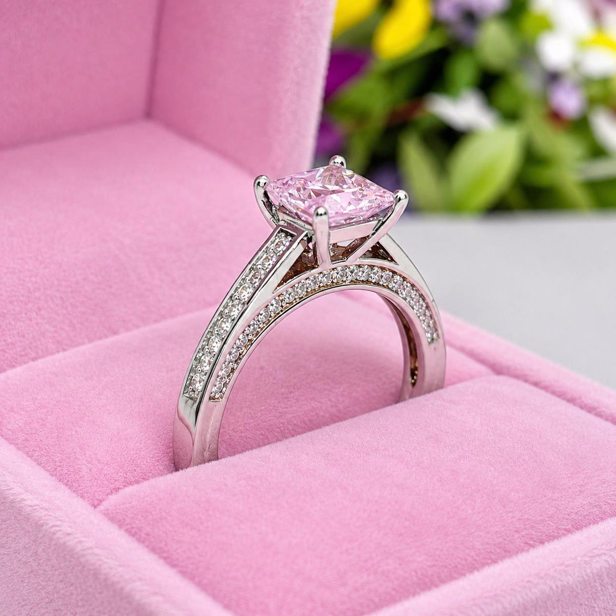 Princess Cut 1.5 Ct Champagne Pink Moissanite Diamond 925 Sterling Silver Wedding Engagement Ring