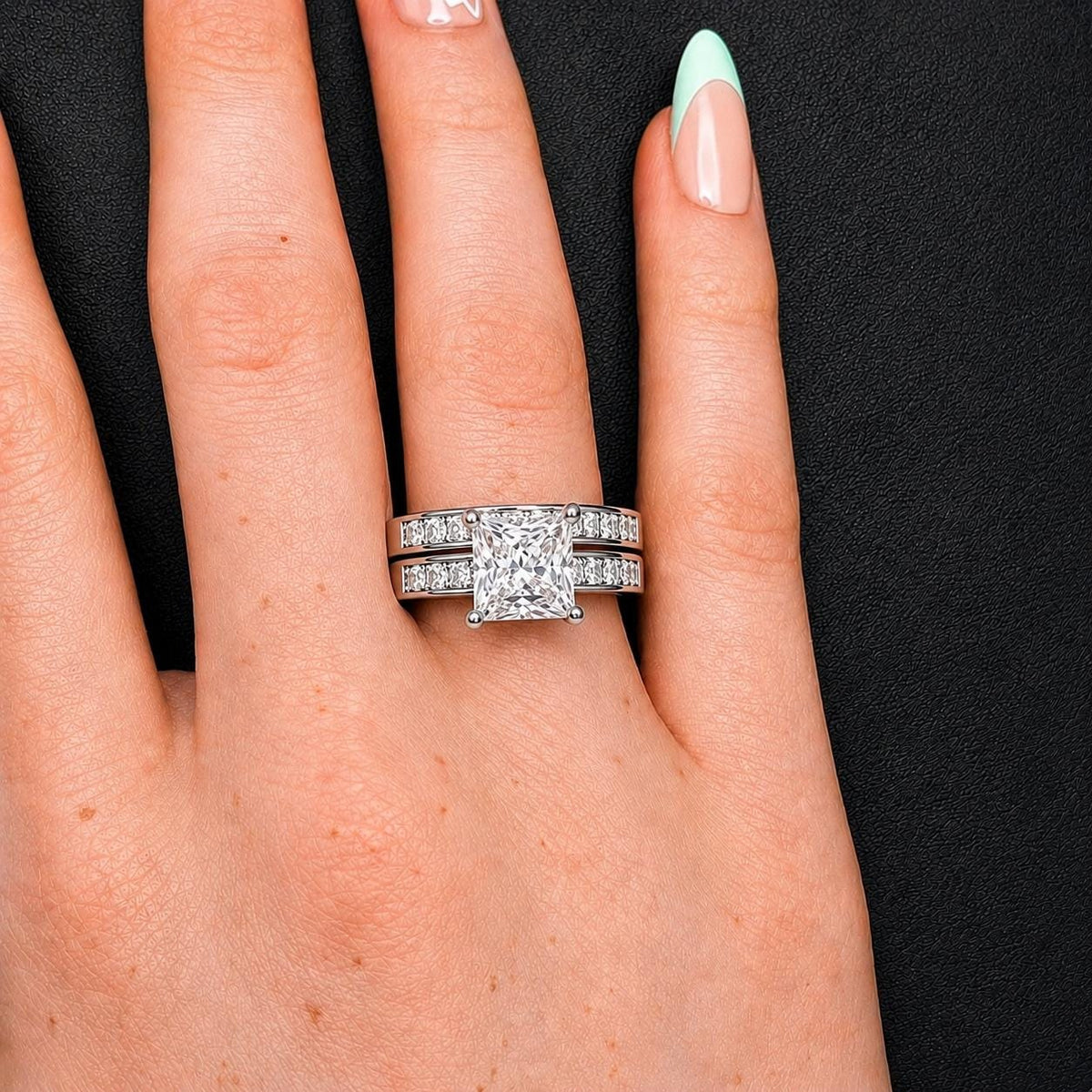 Princess Cut Moissanite Engagement Ring Set: 1.5 Carat Sterling Silver