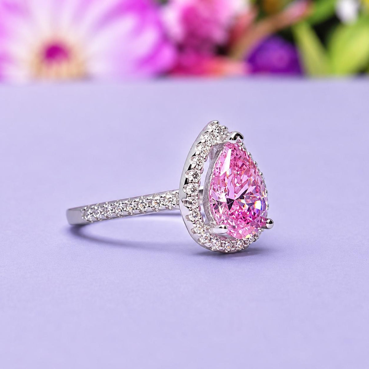 Pear Cut Pink Sapphire Ring: Sterling Silver Engagement Wedding Ring