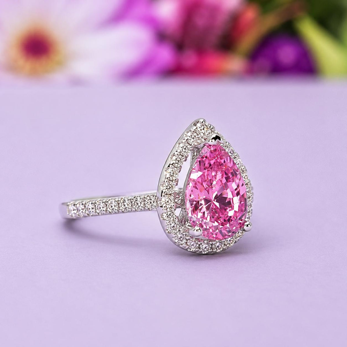 Pear Cut Pink Sapphire Ring: Sterling Silver Engagement Wedding Ring