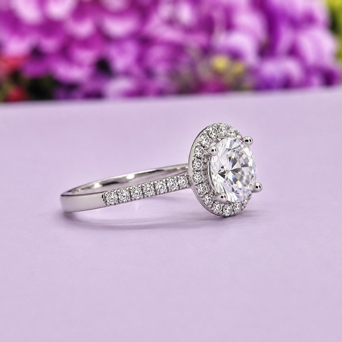 1.5 Carat Moissanite Halo Ring: 925 Sterling Silver Engagement Ring
