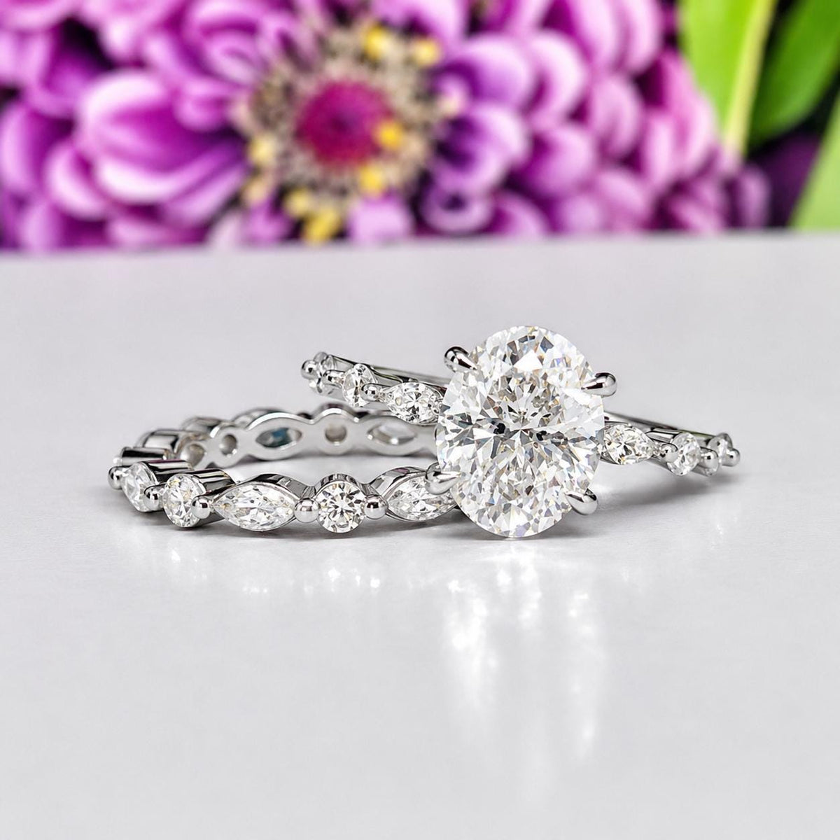 Oval Cut 2.5 Carat Moissanite Diamond Bridal Engagement Wedding Ring Set