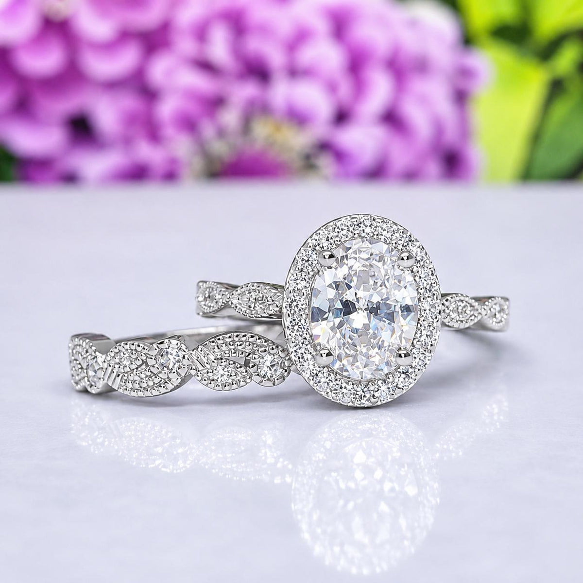 Oval Cut 1.5 Carat Moissanite Diamond Bridal Art Deco Style Engagement Wedding Ring Set