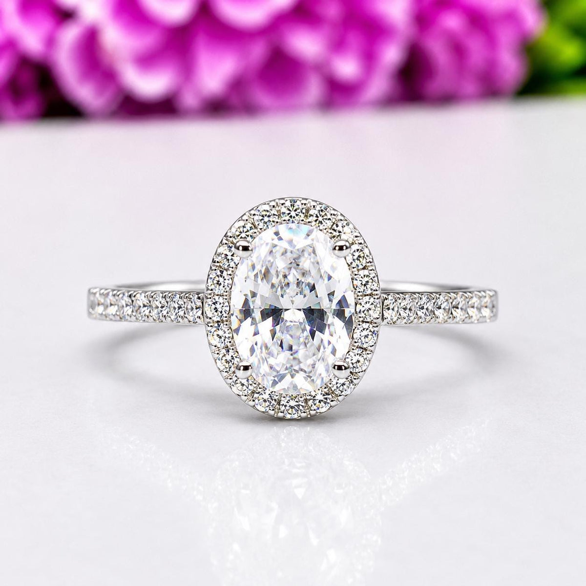 Oval Moissanite Ring 1.5 Carat Halo : 925 Sterling Silver