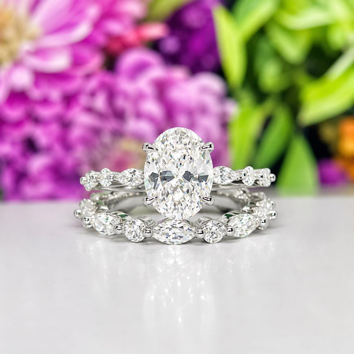 Oval Cut 2.5 Carat Moissanite Diamond Bridal Engagement Wedding Ring Set