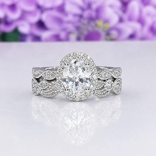 Oval Cut 1.5 Carat Moissanite Diamond Bridal Art Deco Style Engagement Wedding Ring Set