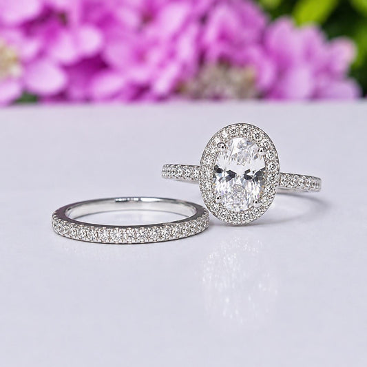 Oval Cut 1.75 ct Moissanite Halo Bridal Ring Set