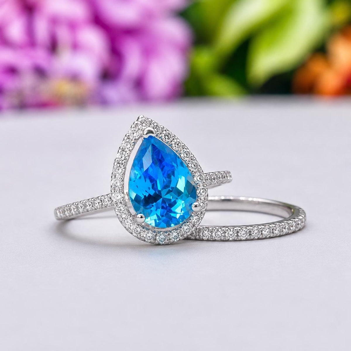 Pear Cut 2 CT Blue Sapphire Ring Set: Sterling Silver Bridal Promise Ring