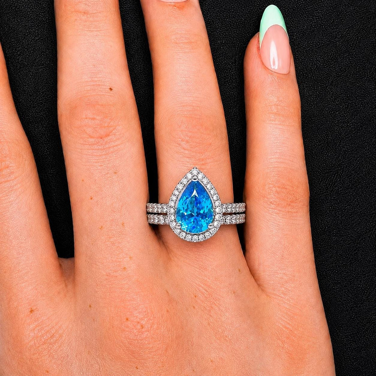 Pear Cut 2 CT Blue Sapphire Ring Set: Sterling Silver Bridal Promise Ring