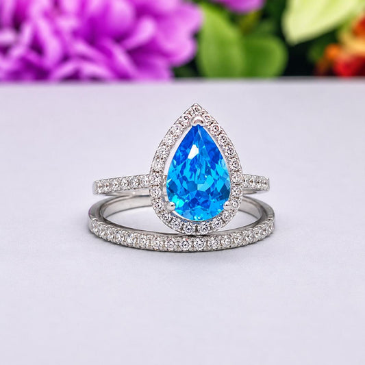 Pear Cut 2 CT Blue Sapphire Ring Set: Sterling Silver Bridal Promise Ring