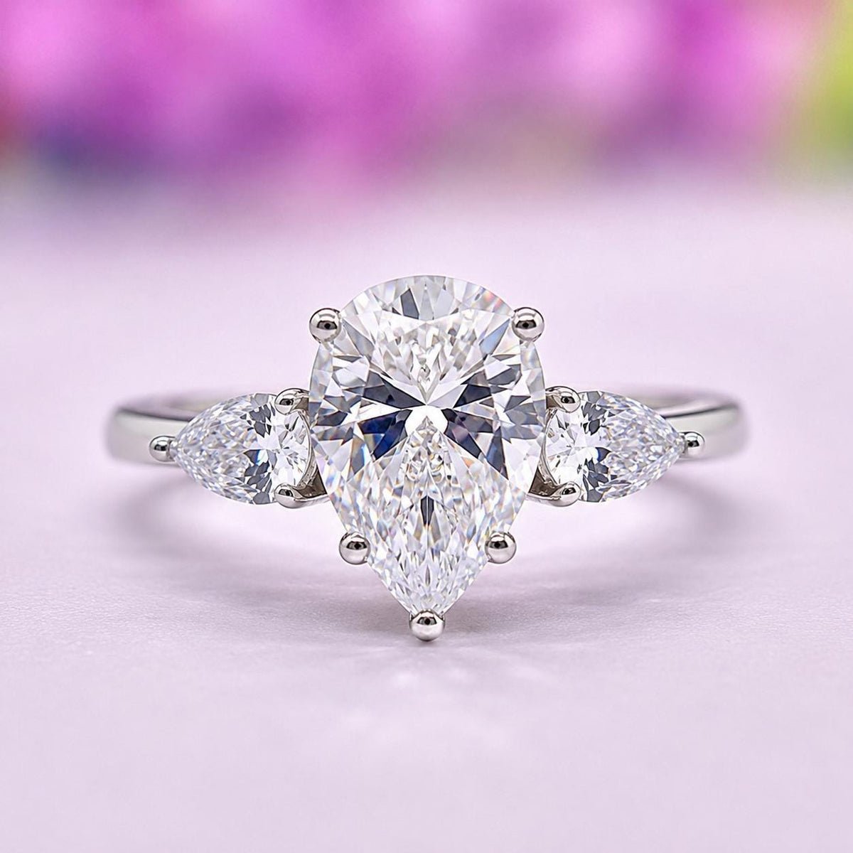 Pear Cut 4 Carat Moissanite Engagement Ring: 925 Sterling Silver