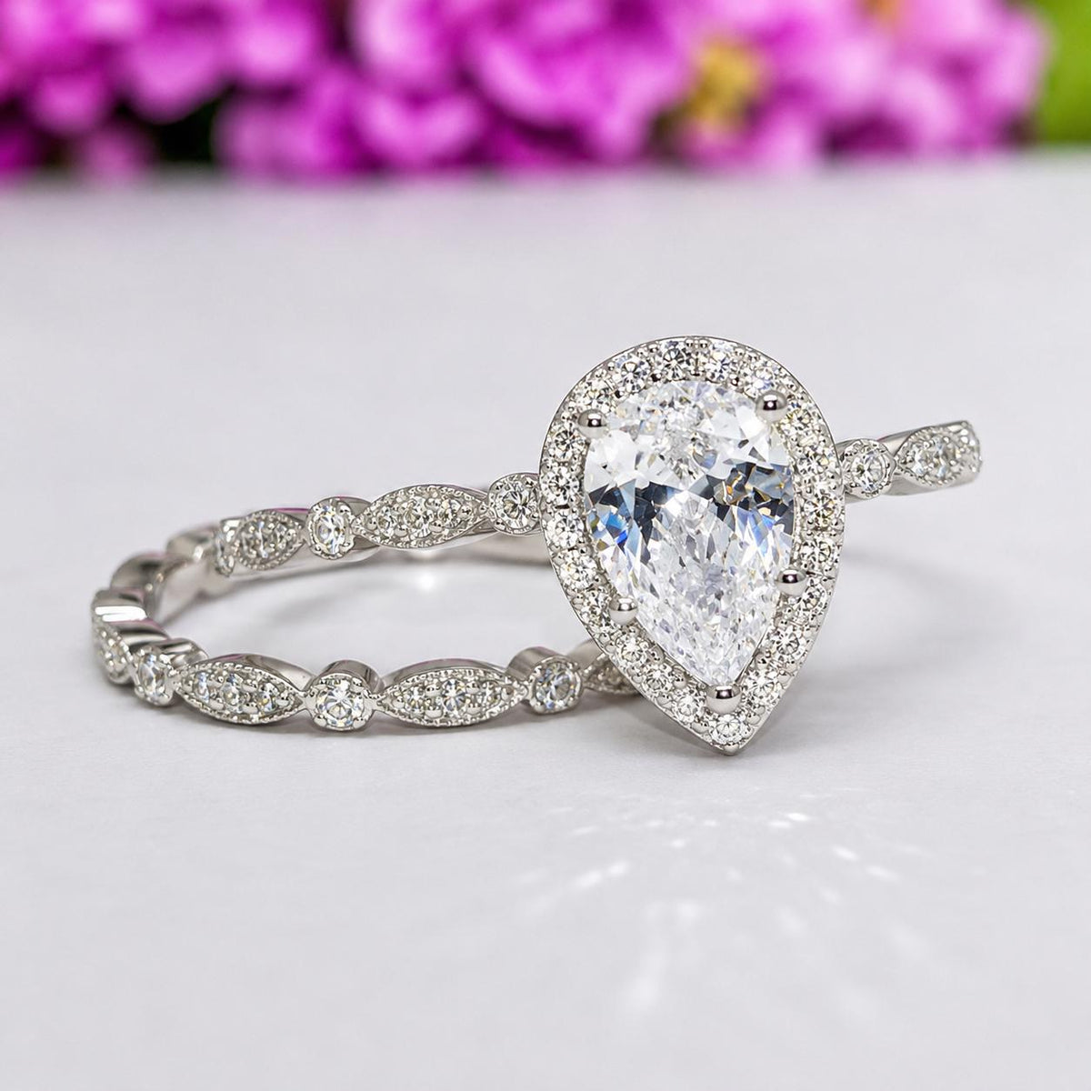 Pear Engagement Ring Set 1.5 Carat Moissanite : 925 Sterling Silver