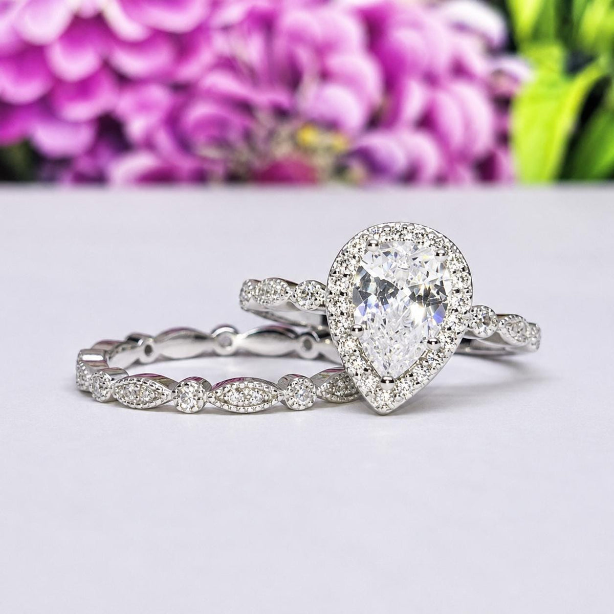 Pear Engagement Ring Set 1.5 Carat Moissanite : 925 Sterling Silver