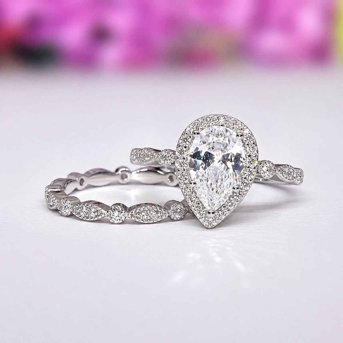 Pear Engagement Ring Set 1.5 Carat Moissanite : 925 Sterling Silver