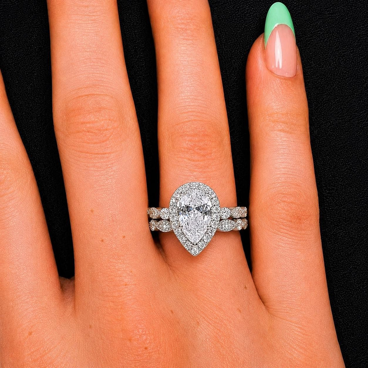 Pear Engagement Ring Set 1.5 Carat Moissanite : 925 Sterling Silver
