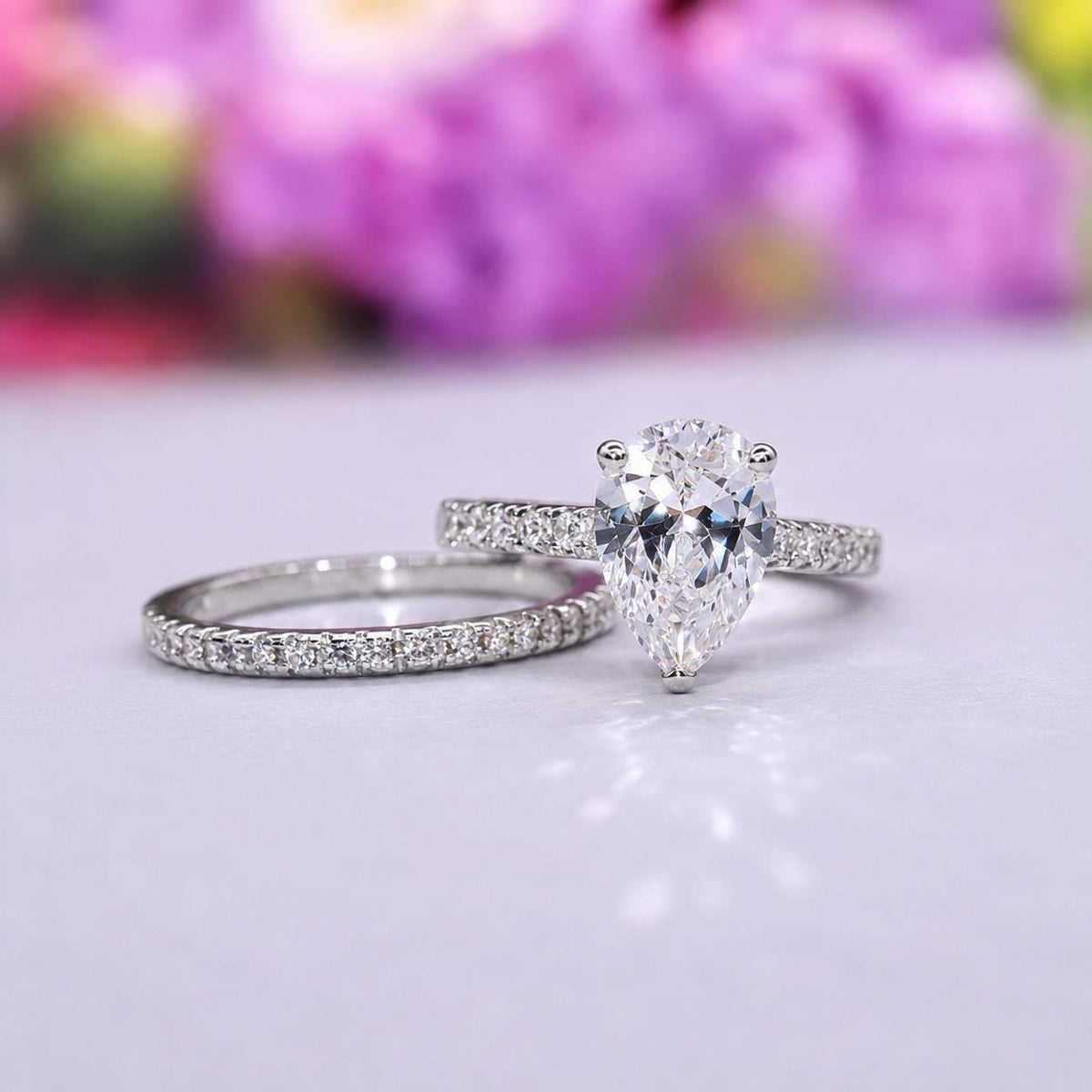 Pear Cut Engagement Ring Set Moissanite 2 Carat : 925 Sterling Silver Bridal Rings