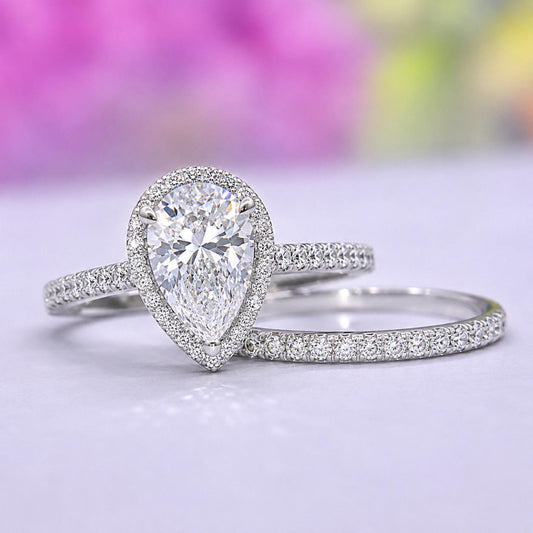 Tear Drop Engagement Ring Set 1.5 Carat Moissanite : 925 Sterling Silver