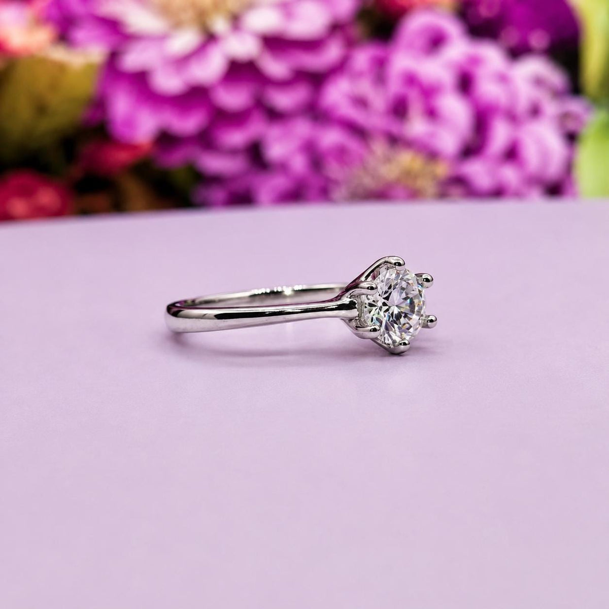 Round Cut 1 Ct Moissanite Engagement Ring: 925 Sterling Silver