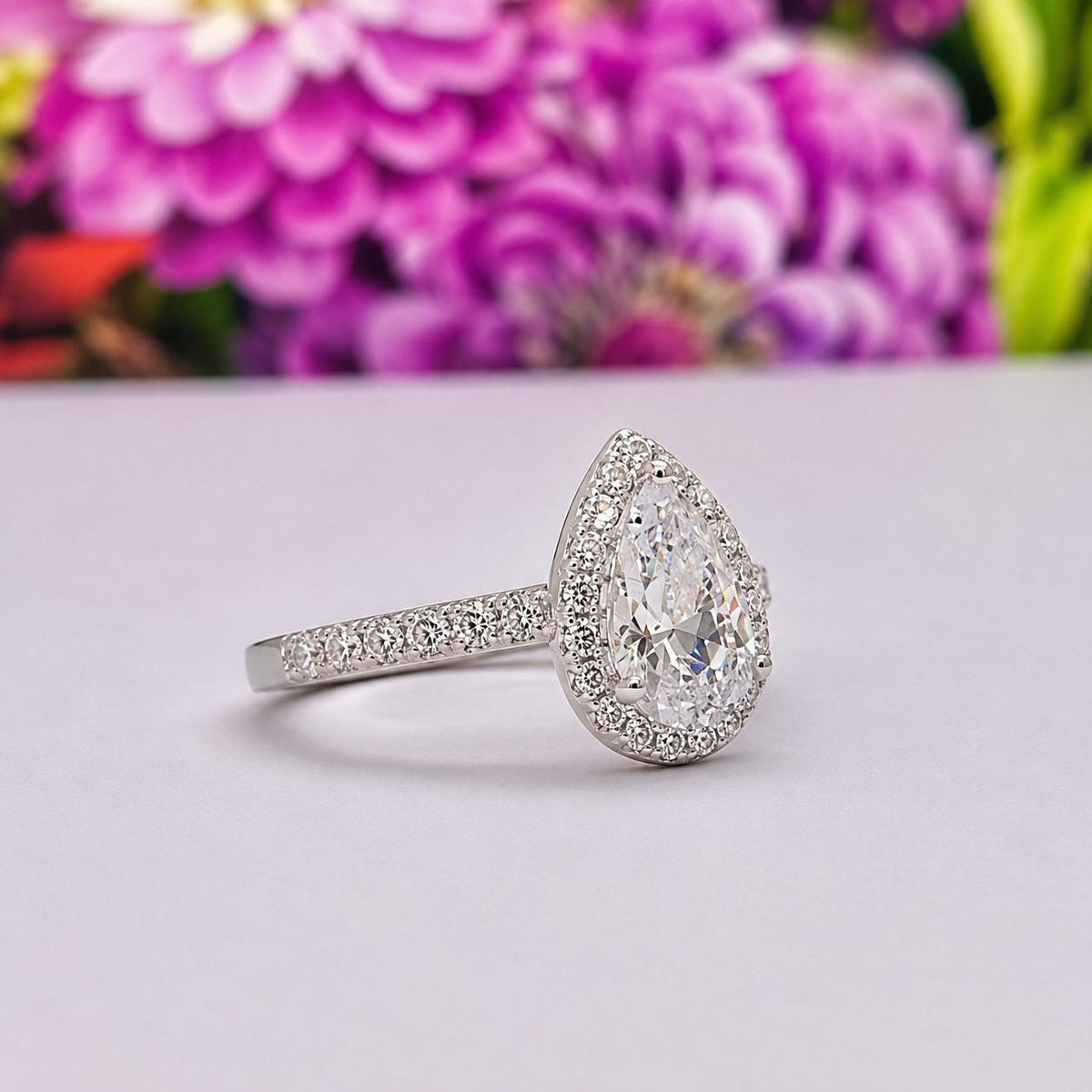 Pear Moissanite Ring 1.25 Carat : Sterling Silver Bridal Ring
