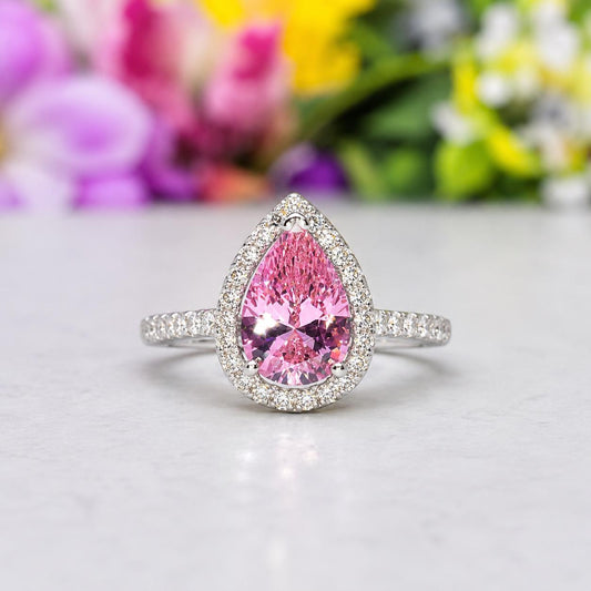 Pear Cut Pink Sapphire Ring: Sterling Silver Engagement Wedding Ring