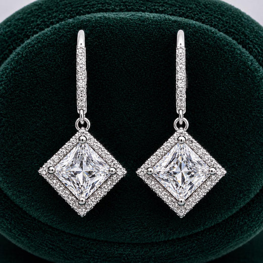 Princess Cut Halo Moissanite Dangle Earrings : 925 Sterling Silver