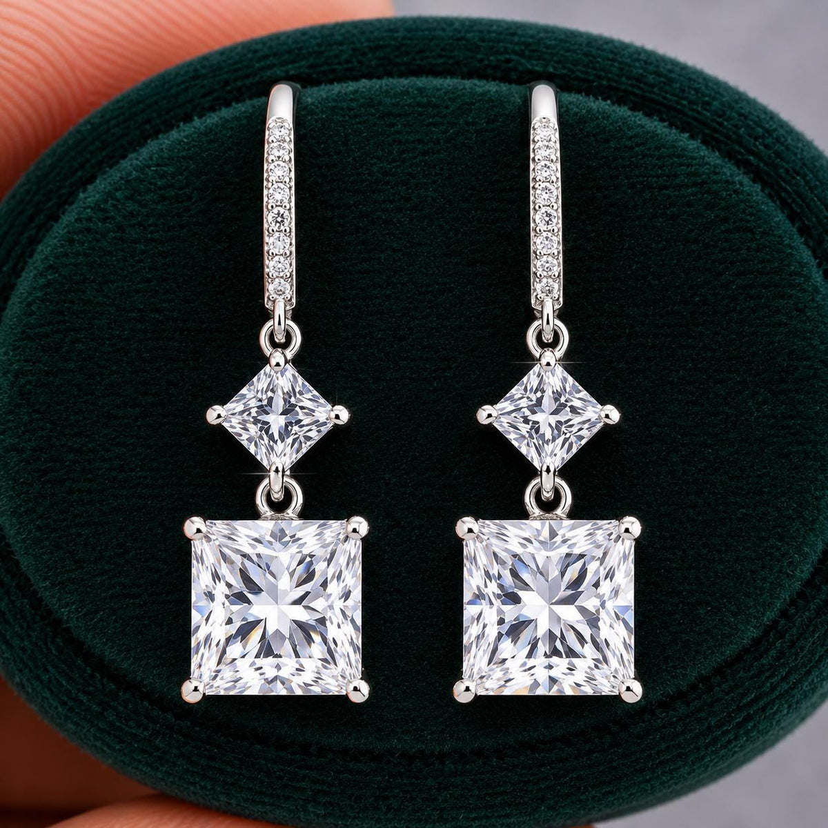 Princess Cut 2 Carat Moissanite Diamond Dangle Drop 925 Sterling Silver Earrings