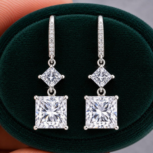 Princess Cut 2 Carat Moissanite Diamond Dangle Drop 925 Sterling Silver Earrings
