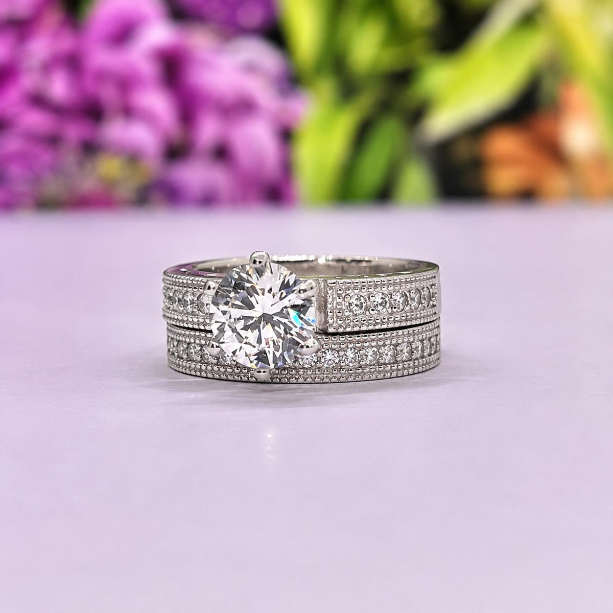 Vintage Style Moissanite Diamond Wedding Ring Set: Sterling Silver Bridal Jewelry