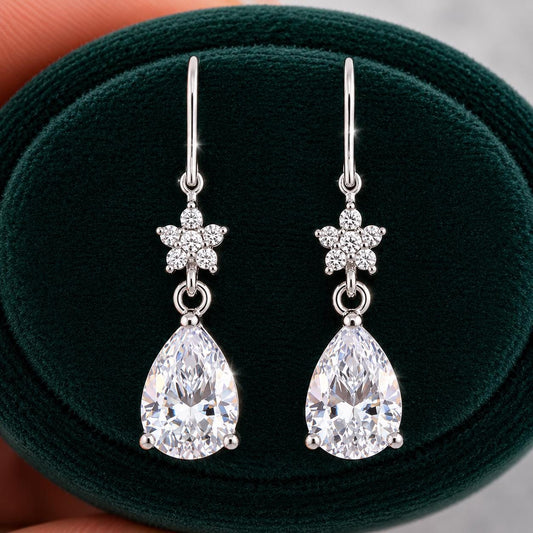 Pear Moissanite Earrings Dangle Drop : 925 Sterling Silver