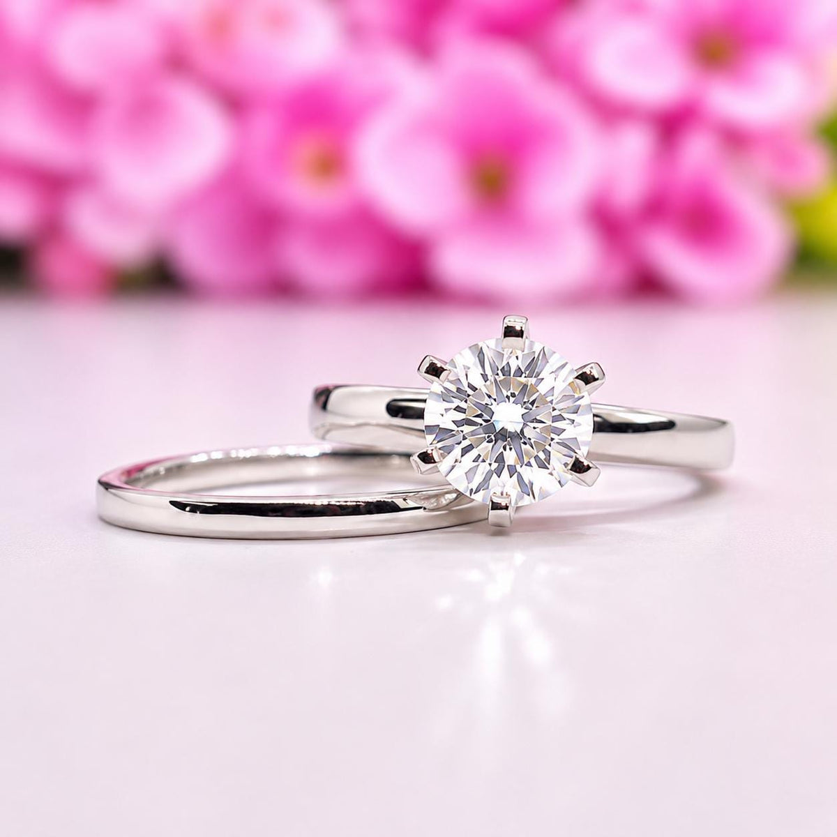 Moissanite Diamond Bridal Ring Set: 1.25 CT Round Cut Sterling Silver