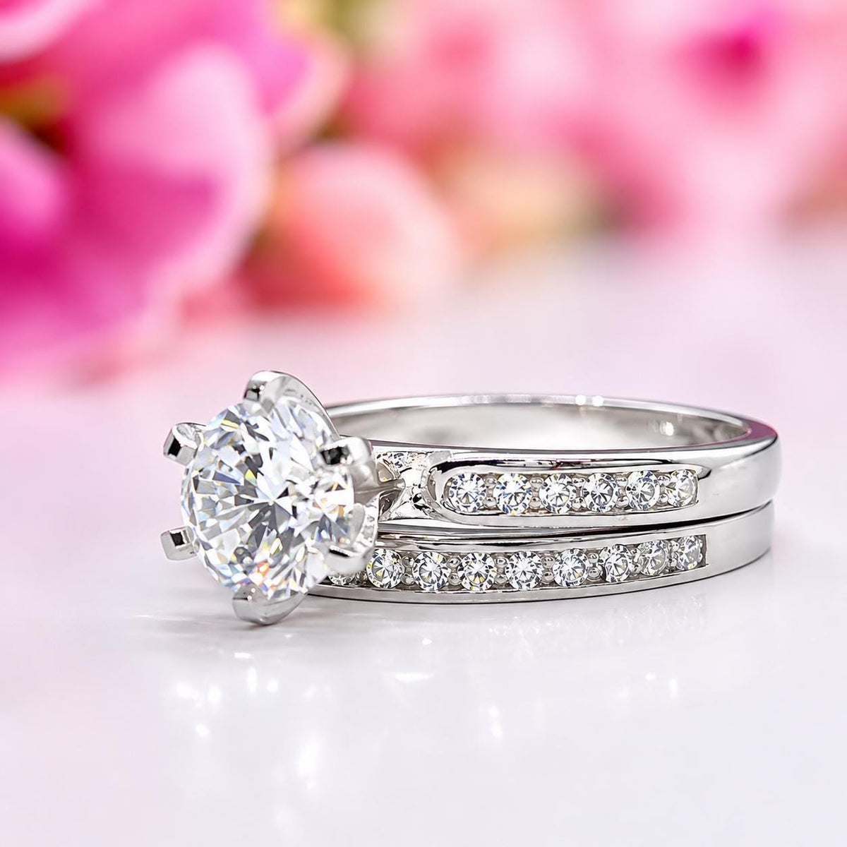 Moissanite Diamond Bridal Ring Set: Round Cut Sterling Silver Wedding Engagement Ring