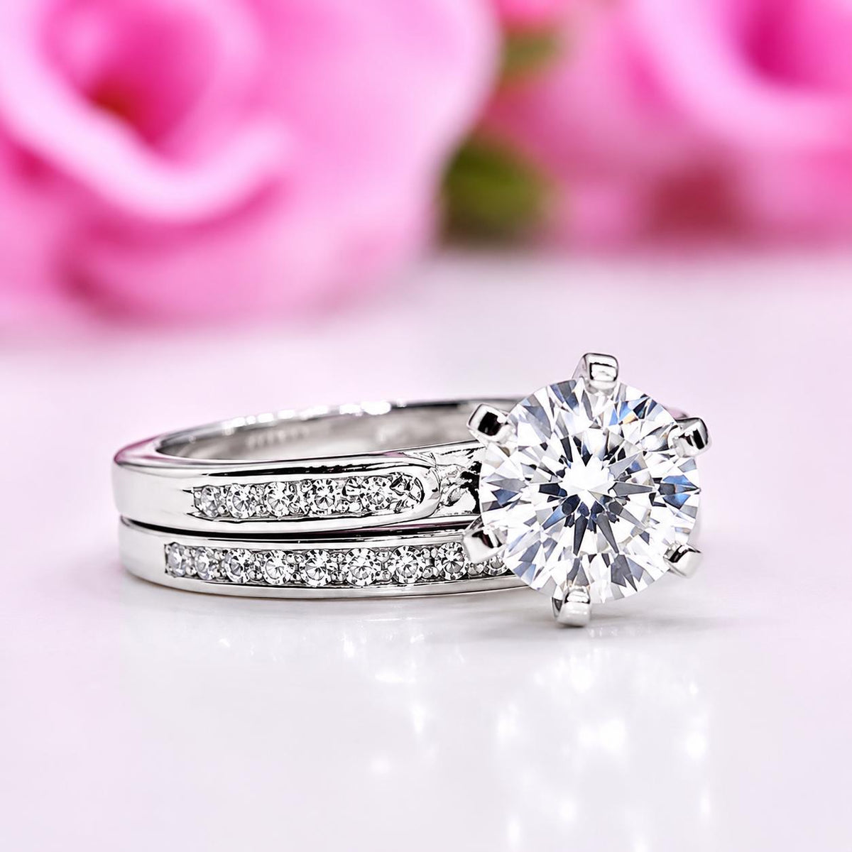 Moissanite Diamond Bridal Ring Set: Round Cut Sterling Silver Wedding Engagement Ring