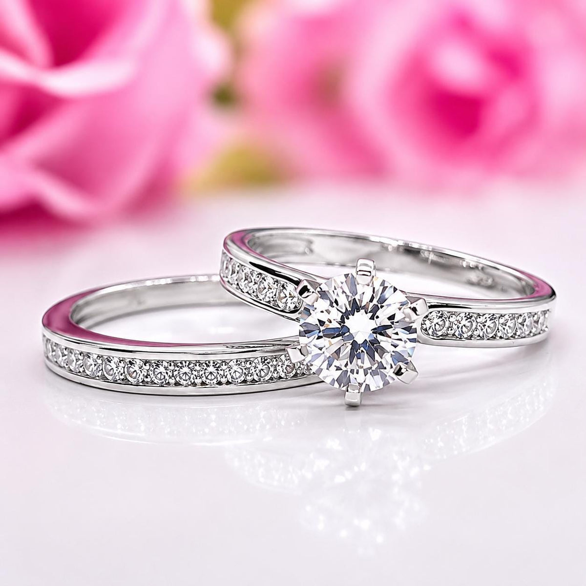 Moissanite Diamond Bridal Ring Set: Round Cut Sterling Silver Wedding Engagement Ring