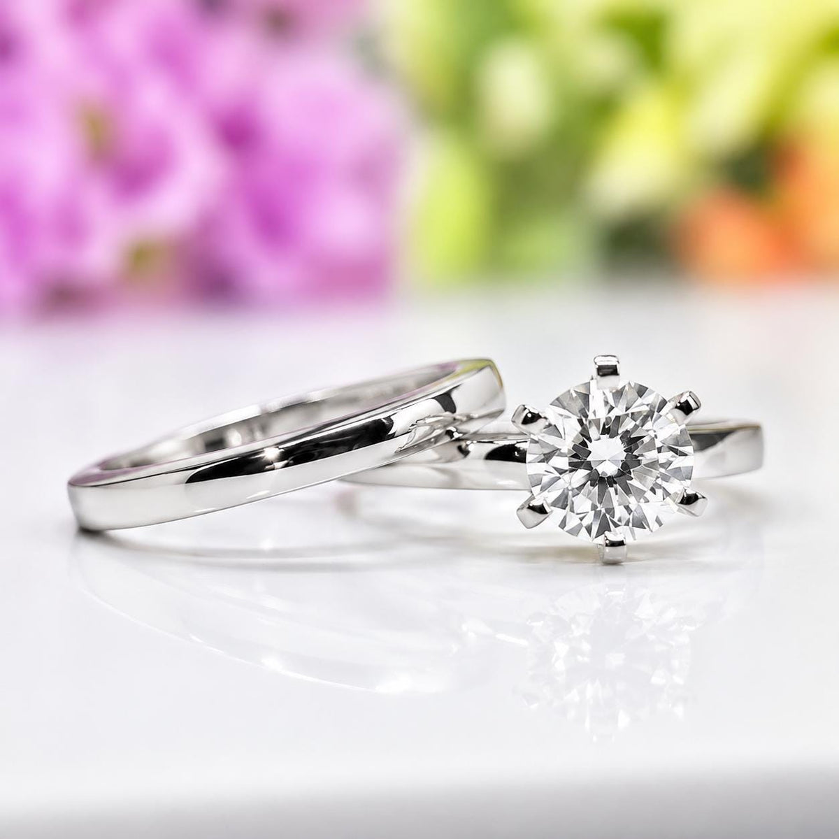 Moissanite Diamond Bridal Ring Set: 1.5 Carat Round Sterling Silver Rings