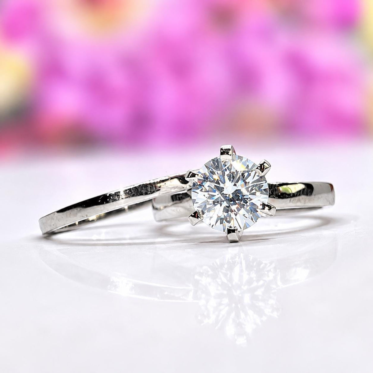 Moissanite Diamond Bridal Ring Set: 1.5 Carat Round Sterling Silver Rings